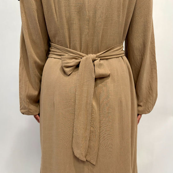 Linen Cotton Waist Tie Dress | Tan
