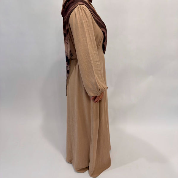 Linen Cotton Waist Tie Dress | Tan