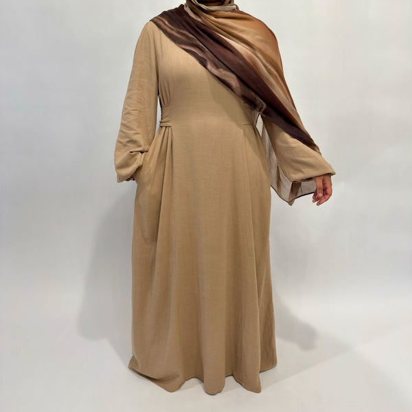 Linen Cotton Waist Tie Dress | Tan