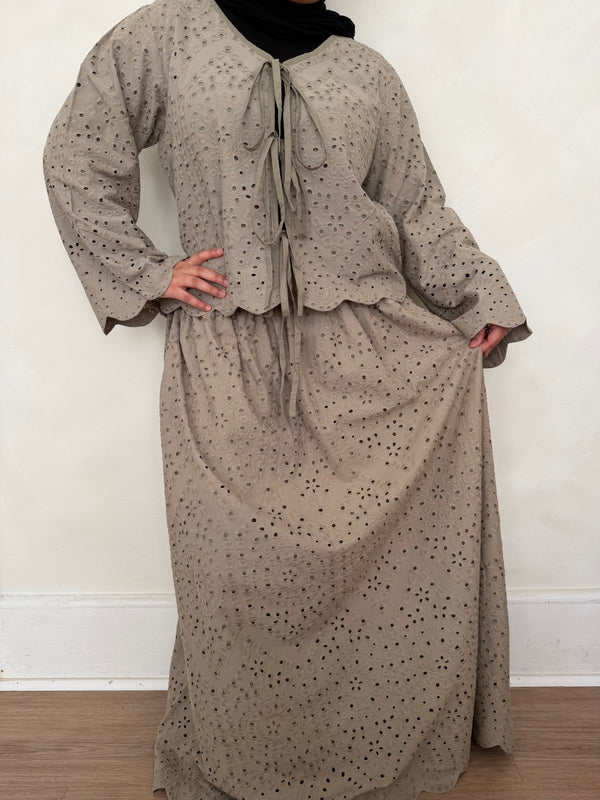Cotton Cutwork Skirt | Warm Gray