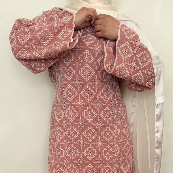 Cotton Cutwork Embroidered Dress | Dusty Rose